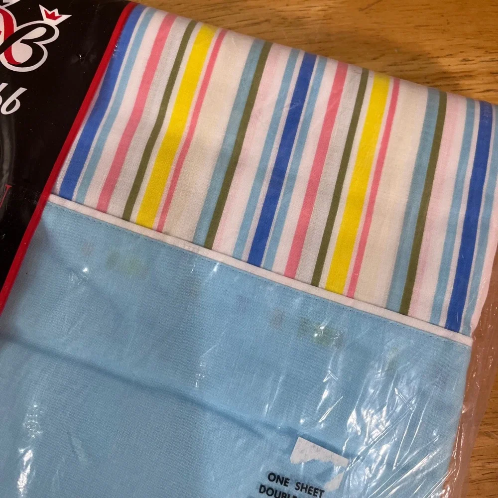 Bibb Flat Sheet Double Vtg Blue Striped No-Iron Muslin 81x104 New NOS